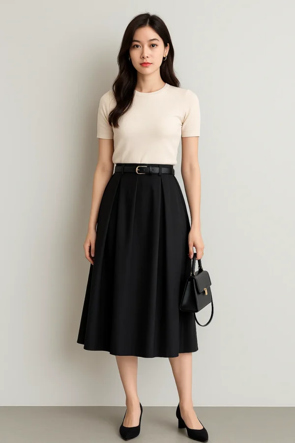 Saia Midi 1 Saia Midi Plissada Elegante com Cinto - Imagem 1